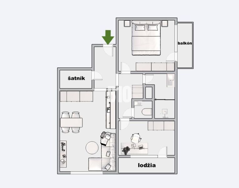 Grundriss einer 3-Zimmer-Wohnung mit Balkon, Loggia, Badezimmer und Ankleidezimmer.