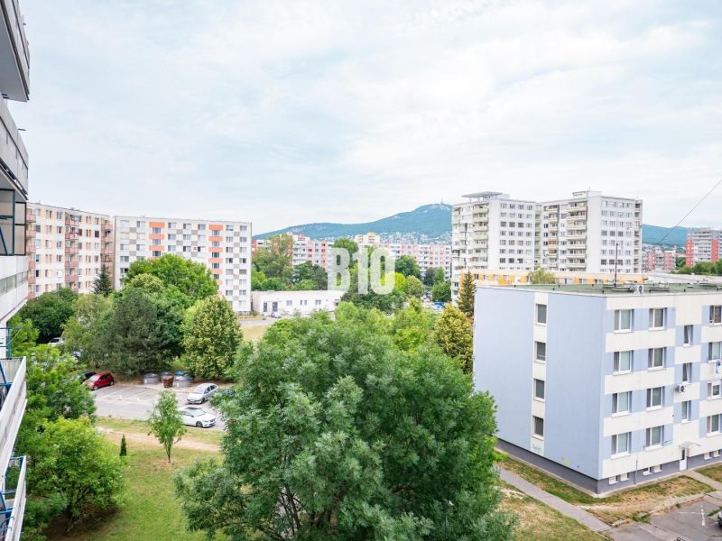 Blick aus einer 3-Zimmer-Wohnung in Nitra auf Plattenbauten und einen Parkplatz mit Autos.