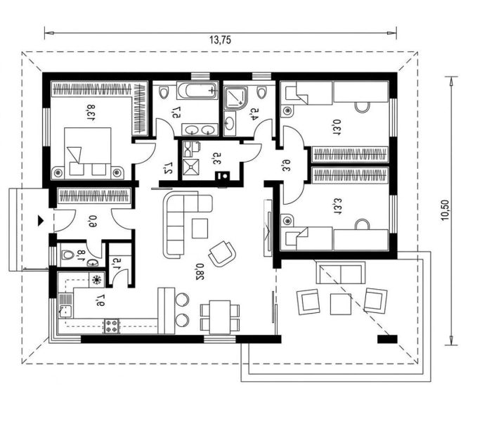 Grundriss eines Einfamilienhauses mit drei Zimmern und einer Küche in Nitra.