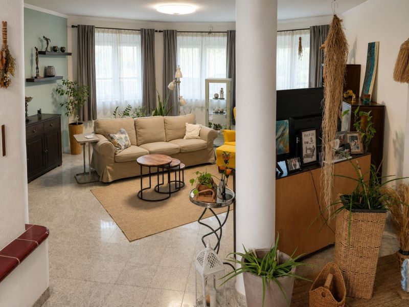 Wohnzimmer in einem Einfamilienhaus mit bequemen Sofa, Pflanzen und dekorativen Elementen.