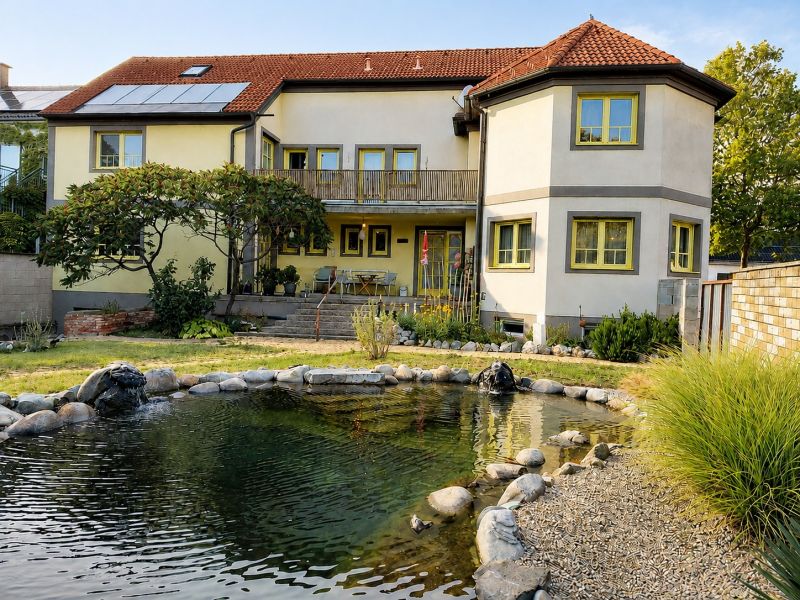 Einfamilienhaus in Podersdorf am See mit großem Garten, Teich und Solarpanelen.