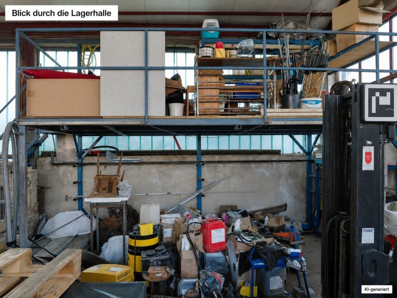 Ein Lagerhaus mit verschiedenen Ausstattungen und Paletten in einem Einfamilienhaus.