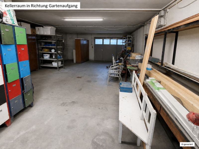 Keller in einem Einfamilienhaus mit bunten Schränken und Holzbrettern auf dem Regal.