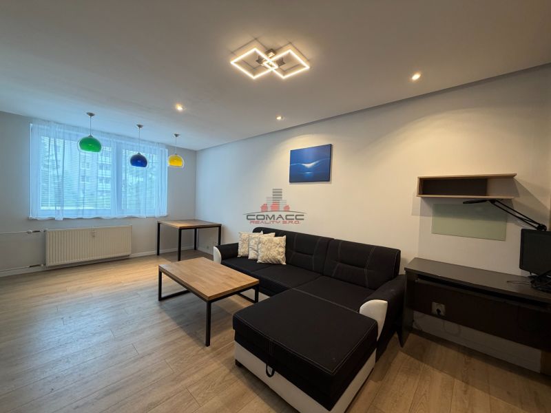 Wohnzimmer mit Holzboden und bunten Lampen in einer 3-Zimmer-Wohnung.