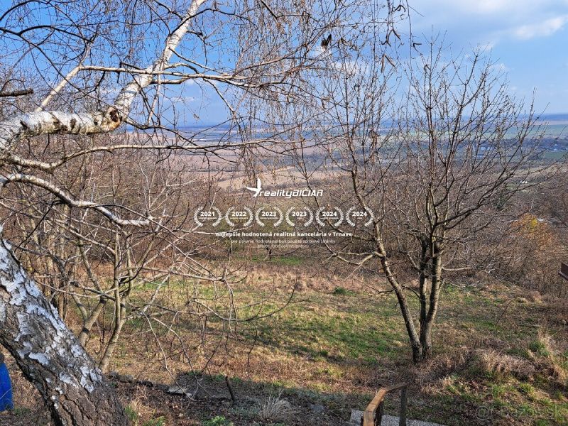 Der Garten bei der Hütte in Dolné Orešany mit Blick auf die Bäume und die Landschaft.