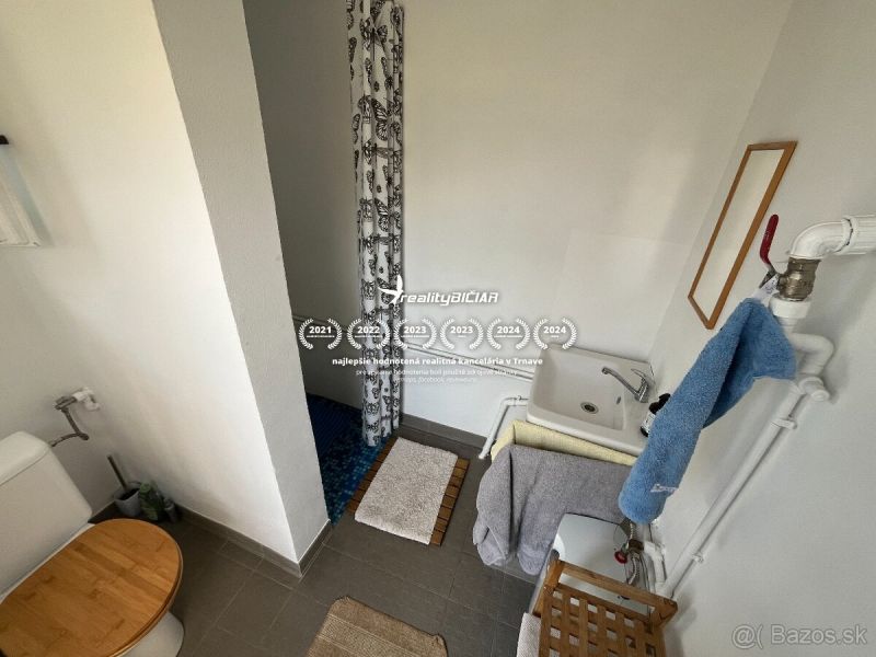 Badezimmer mit Toilette, Waschbecken und Dusche in einer Hütte mit einfachem Design.