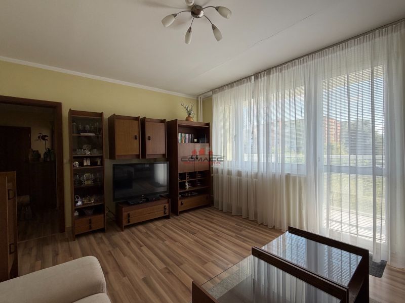 Wohnzimmer in einer 3-Zimmer-Wohnung mit Holzboden und großen Fenstern.