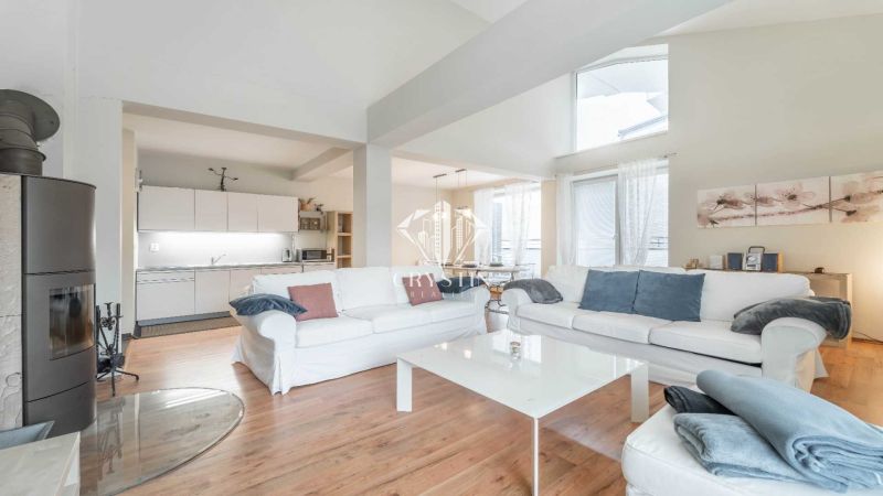 Heller Wohnbereich mit Kamin, Sofas, Küche und Holzboden in einer Ferienwohnung.