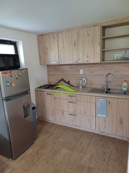 Küchenzeile mit Holzboden und Geräten in der Hütte.