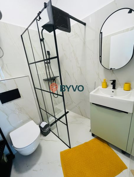 Badezimmer in einer 2-Zimmer-Wohnung mit Duschkabine, Hänge-WC und orangem Teppich.