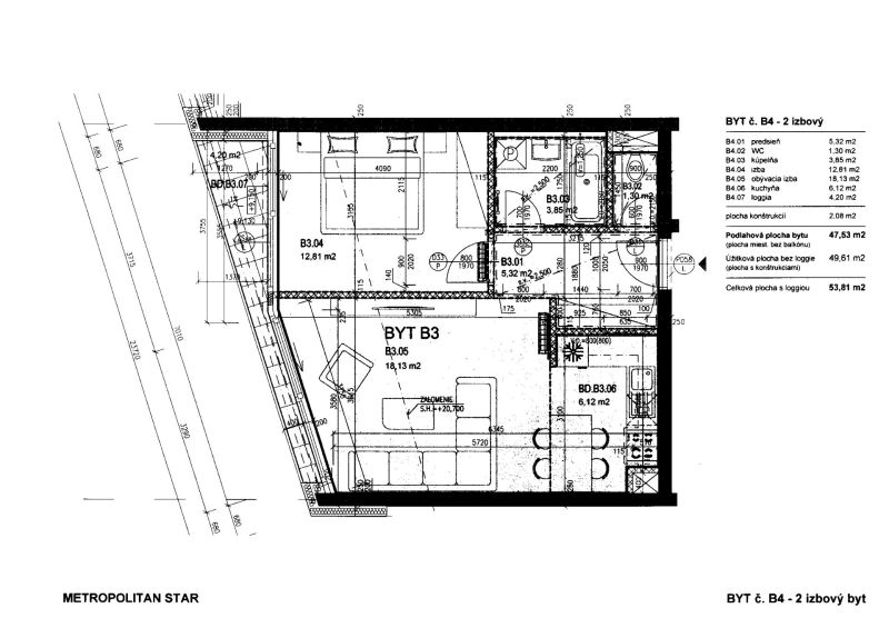 Grundriss einer 2-Zimmer-Wohnung mit Vorraum, Badezimmer, Wohnzimmer und Loggia.