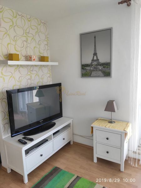 Wohnzimmer in einer 2-Zimmer-Wohnung mit hellen Möbeln und einer Dekoration des Eiffelturms.