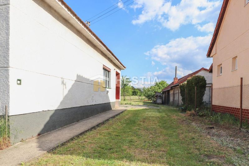 Blick auf den Hinterhof eines Einfamilienhauses in Borský Mikuláš mit Rasenfläche.