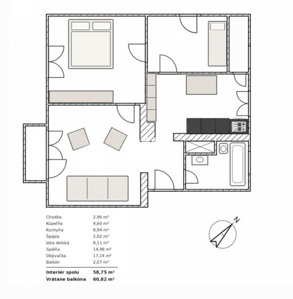 Grundriss einer 3-Zimmer-Wohnung mit geräumigem Wohnzimmer, Küche und zwei Schlafzimmern.
