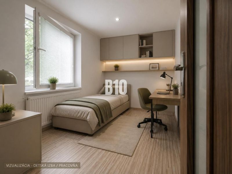 Kinderzimmer in einer 3-Zimmer-Wohnung mit Bett, Schreibtisch und Boden mit Holzdekor.
