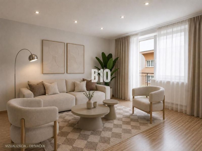 Wohnzimmer mit Sofa, Sesseln, Lampe und Holzboden in einer 3-Zimmer-Wohnung.