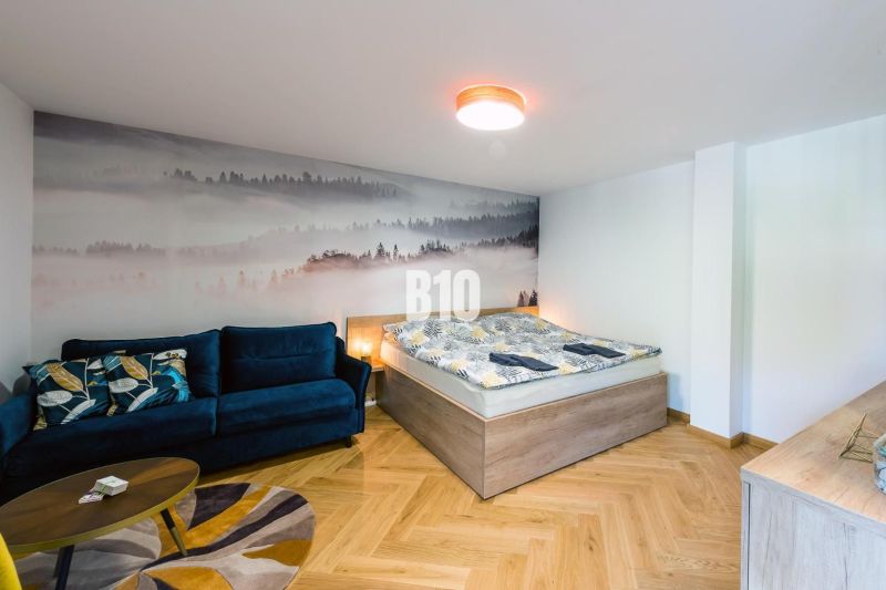 Ferienwohnung mit Sofa, Bett und Holzboden.