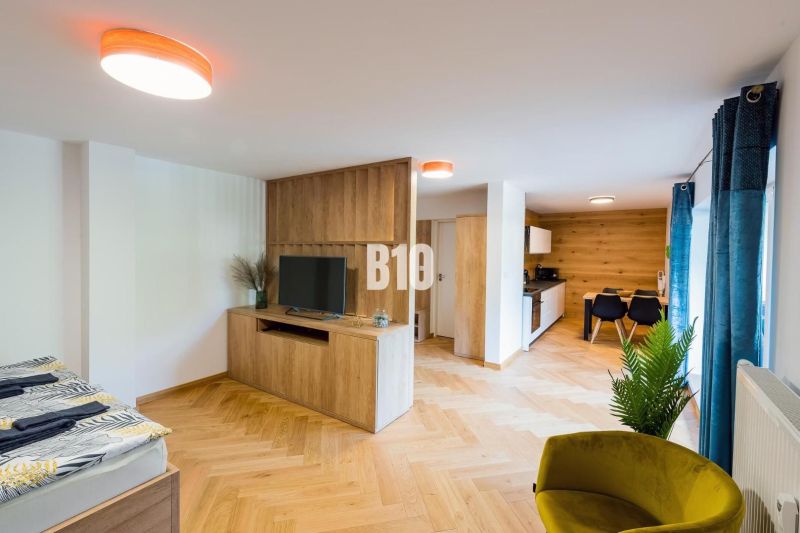 Innenraum einer Ferienwohnung mit Holzboden, Fernseher und Küchenzeile.