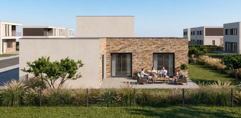 Ein Einfamilienhaus in Poprad mit einer Terrasse, wo sich die Leute im Garten treffen, um zusammenzusitzen.