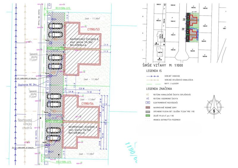 Entwurf von Doppelhäusern mit Parkplätzen und öffentlichem Gehweg in der Stadt Poprad.