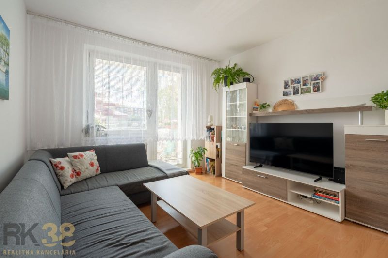 Wohnzimmer in einer 3-Zimmer-Wohnung mit Sofa, Fernseher und Holzboden.