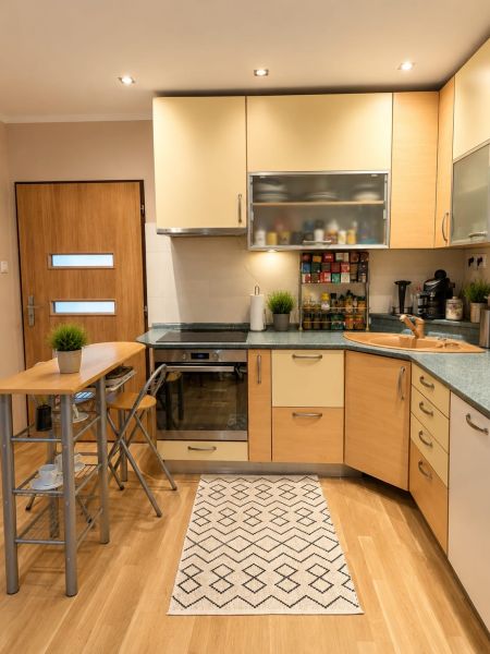 Küche in einem Einfamilienhaus mit Holzboden und kompakter Ausstattung.