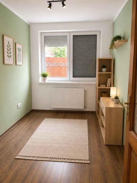 Ein Zimmer mit Holzelementen, Teppich und Pflanzen in einem Einfamilienhaus.