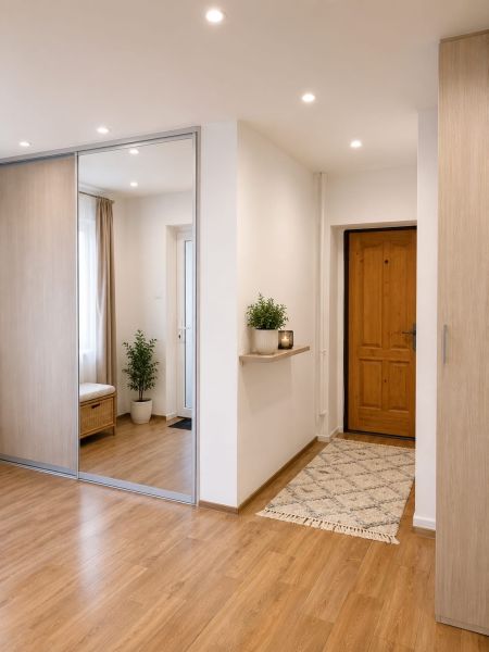 Innenraum eines Einfamilienhauses mit Holzboden, Spiegelschrank und dekorativen Pflanzen.