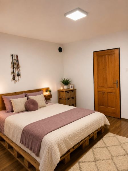 Schlafzimmer im Einfamilienhaus mit Palettenbett und Boden in Holzoptik.