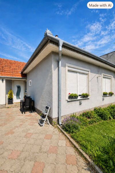 Ein Einfamilienhaus in Selice mit Blumen an den Fenstern und einem gepflasterten Hof.