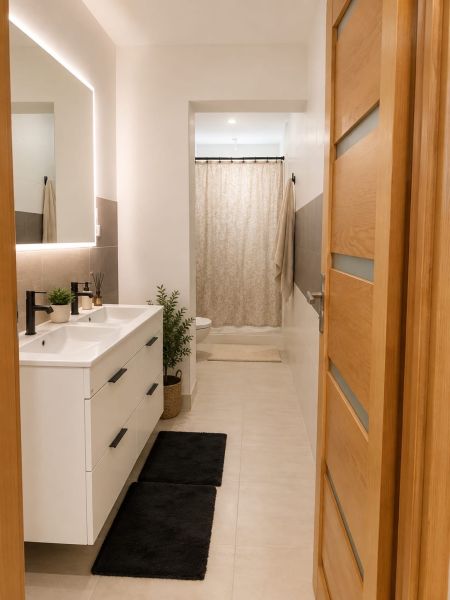 Badezimmer in einem Einfamilienhaus mit Doppelwaschbecken und schwarzen Matten, frische Dekorationen.