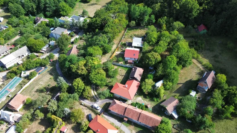 Draufsicht auf die grünen Gärten im Dorf Kolačno und die Umgebung der Häuser.