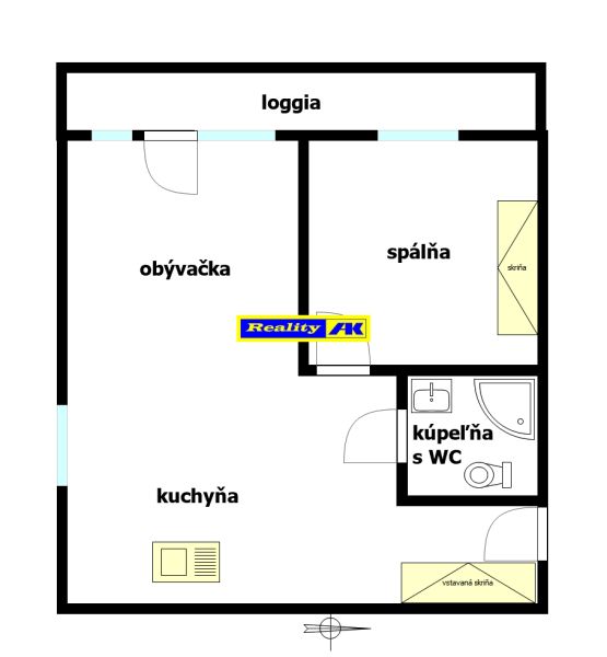 Grundriss einer 2-Zimmer-Wohnung mit Loggia, Wohnzimmer, Küche und Badezimmer mit WC.