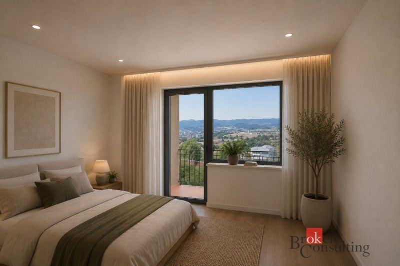 Ein Schlafzimmer in einem Einfamilienhaus mit Aussicht, einem Bett und einem Boden mit Holzdekor.
