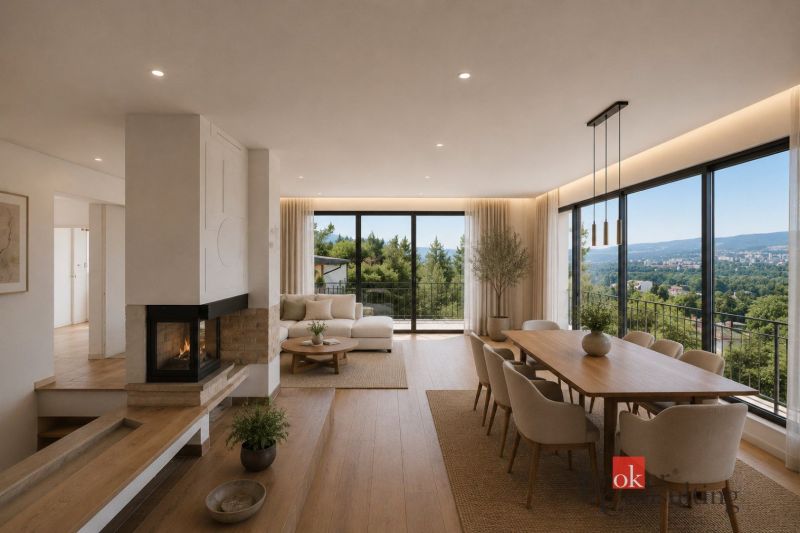 Wohnzimmer mit Kamin, Esstisch und Ausblick in einem Einfamilienhaus.