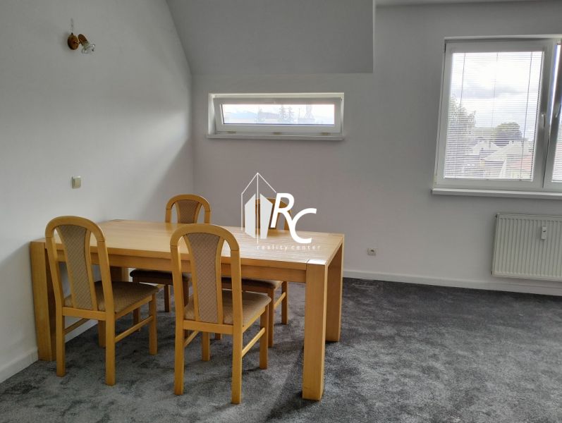 Ein Tisch mit vier Stühlen in einer Zweizimmerwohnung, grauer Teppich, zwei Fenster.