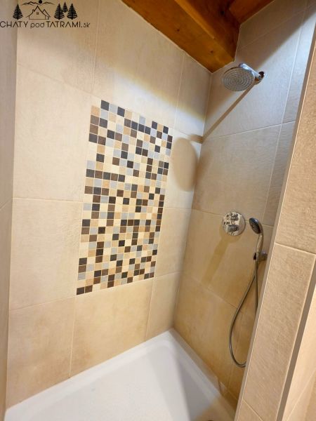 Duschkabine mit Mosaik an der Wand in der Hütte.