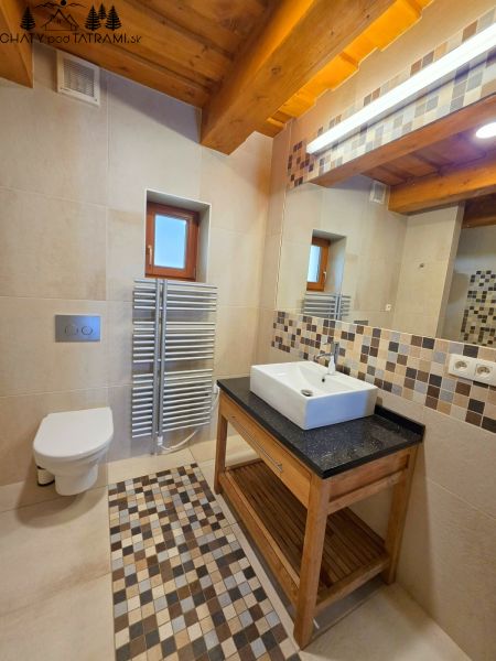 Badezimmer in der Hütte mit Dusche, Waschbecken, Toilette und Mosaikfliesen.