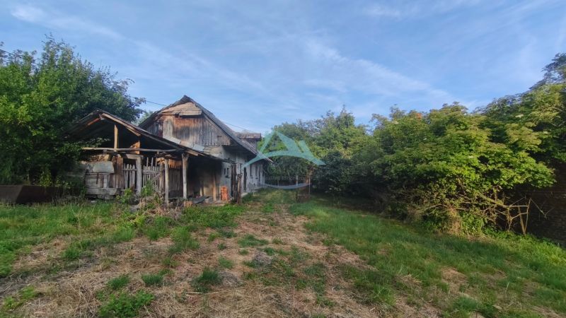 Ein älteres Familienhaus in Čelovce, umgeben von Grün, Rasen und blauem Himmel.