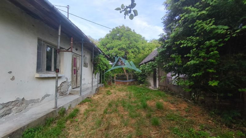 Der Garten beim Einfamilienhaus in Čelovce mit einem Landhaus und Bäumen.