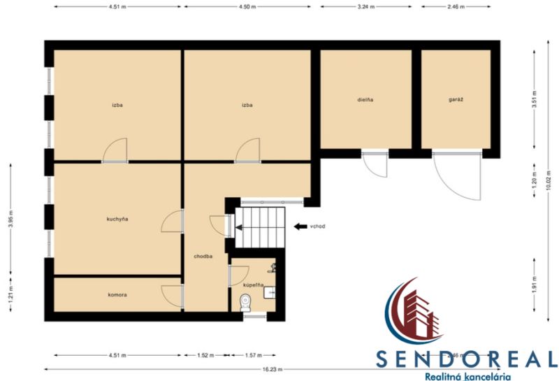 Grundriss eines Einfamilienhauses in Dolné Otrokovce mit Zimmer, Werkstatt und Garage.