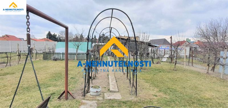Ein Garten mit einem Weinberg bei einem Einfamilienhaus in Veľký Meder, umgeben von Nachbarhäusern.