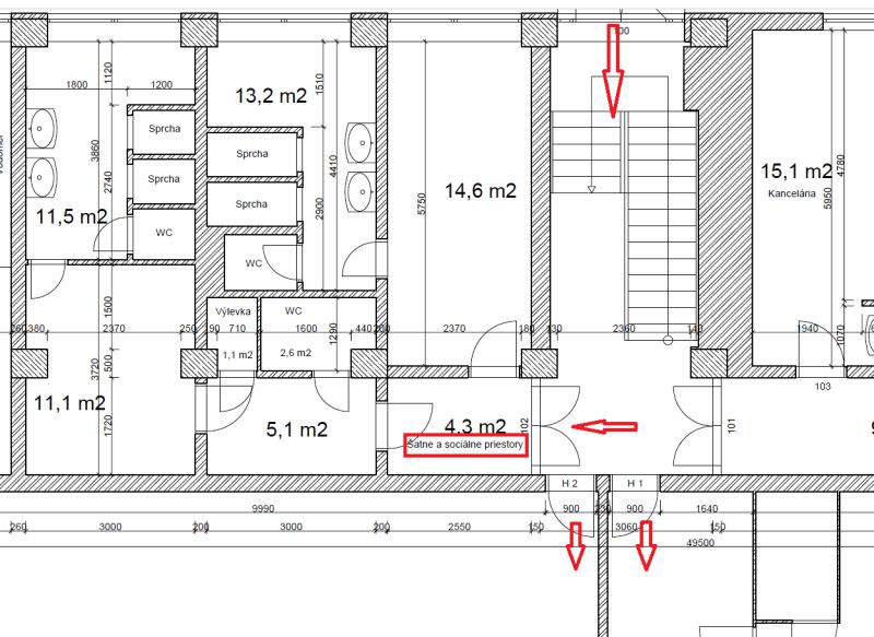 Grundriss des Produktionsbereichs mit Umkleideräumen und Büro.