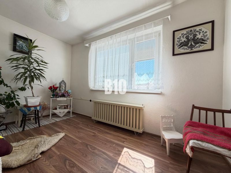 Innenraum eines Einfamilienhauses mit Holzboden, Dekorationen und Blumen.