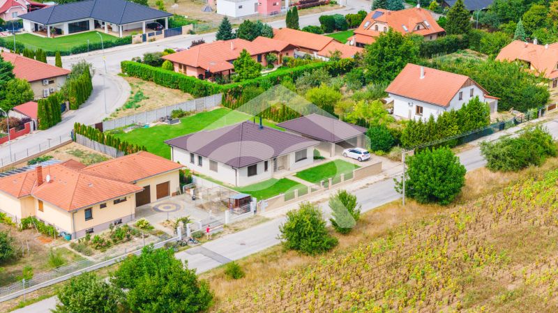 Luftaufnahme von Einfamilienhäusern in der Družstevná-Straße in Vráble, umgeben von Grünflächen und Vegetation.