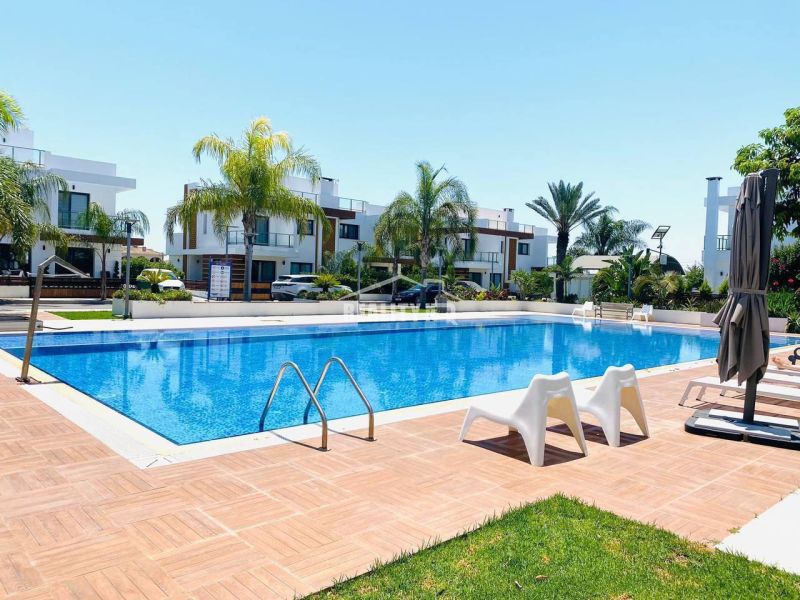 Ein Einfamilienhaus in Yeni Boğaziçi mit Garten und Pool, umgeben von Palmen.