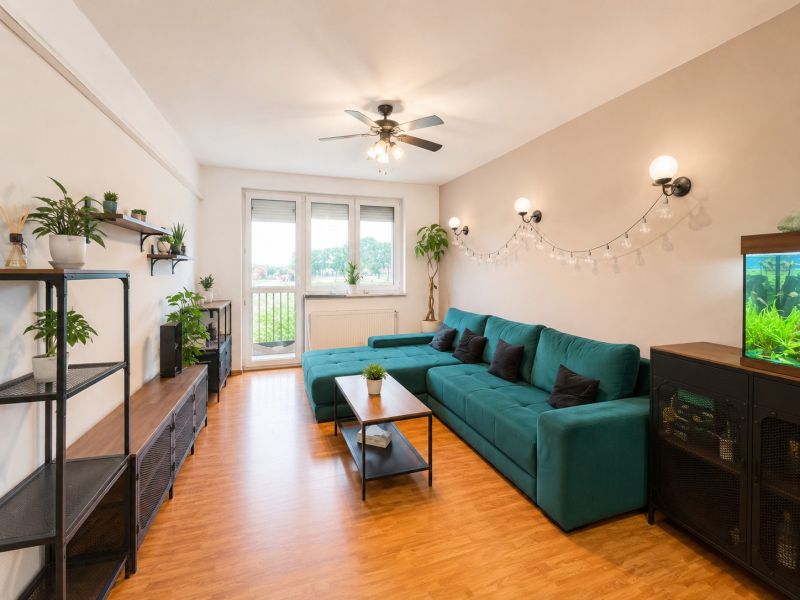 Wohnzimmer in einer Vierzimmerwohnung mit Holzboden und grünen Pflanzen.