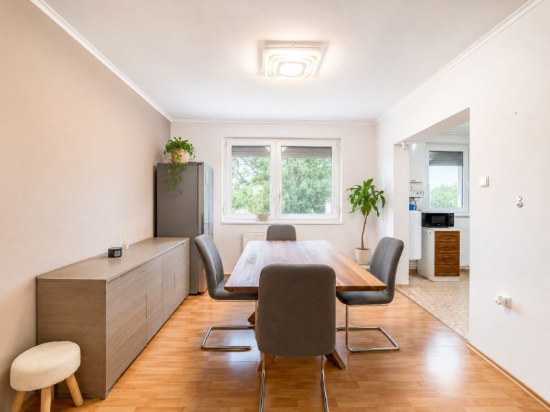 Esszimmer in einer 4-Zimmer-Wohnung mit Holzboden und einer Pflanze.