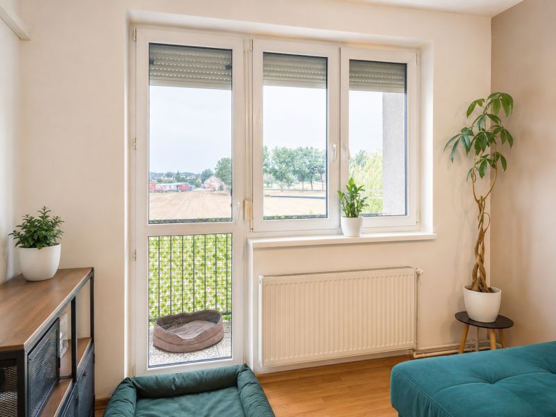 Ein Zimmer in einer 4-Zimmer-Wohnung mit einem Fenster, Pflanzen und einem Boden in Holzoptik.