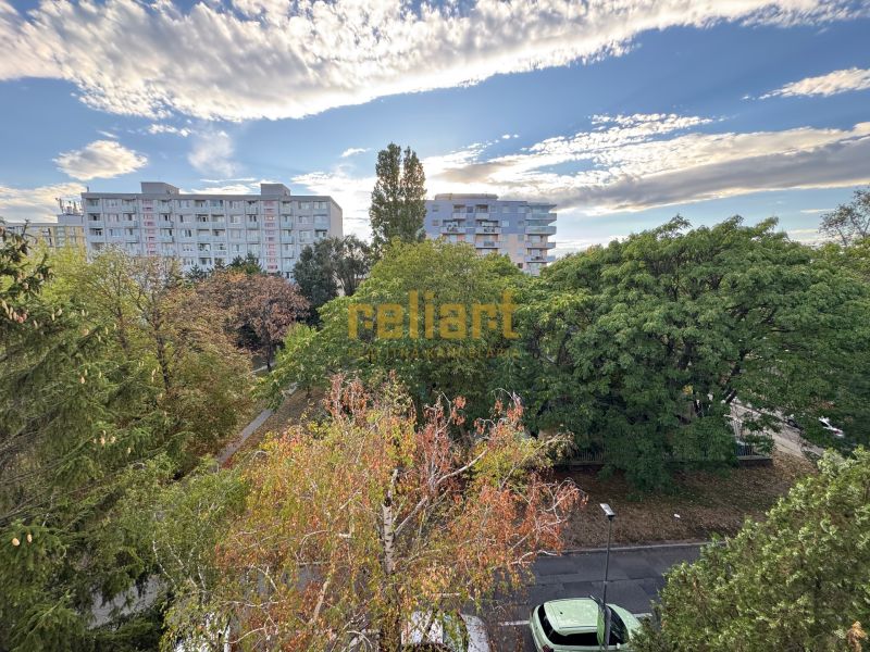 Blick von der Sečovská-Straße auf das Grün und die Wohnhäuser in Bratislava - Ružinov.